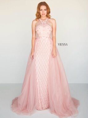 Vienna Prom Blush Pink Beaded Halter Ballgown *heavy*